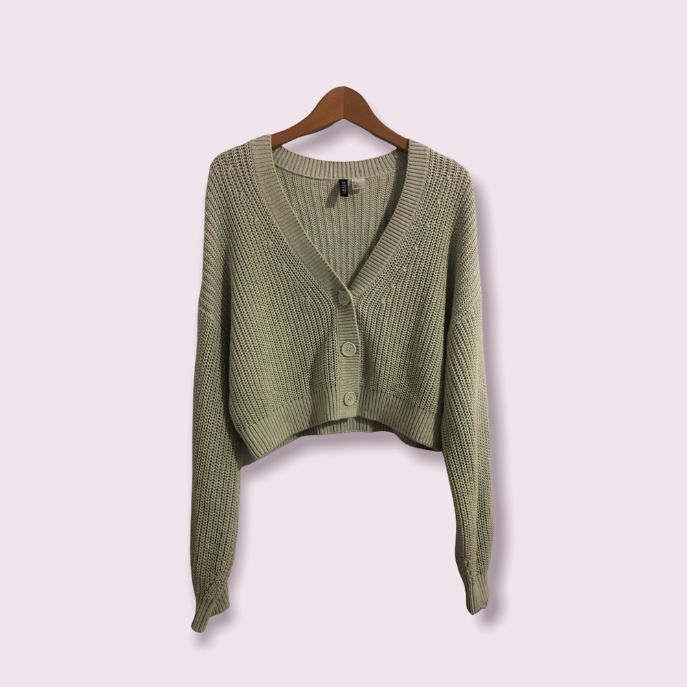 Knit drop shoulder button down cropped cardigan - light sage green | FOREVER 21